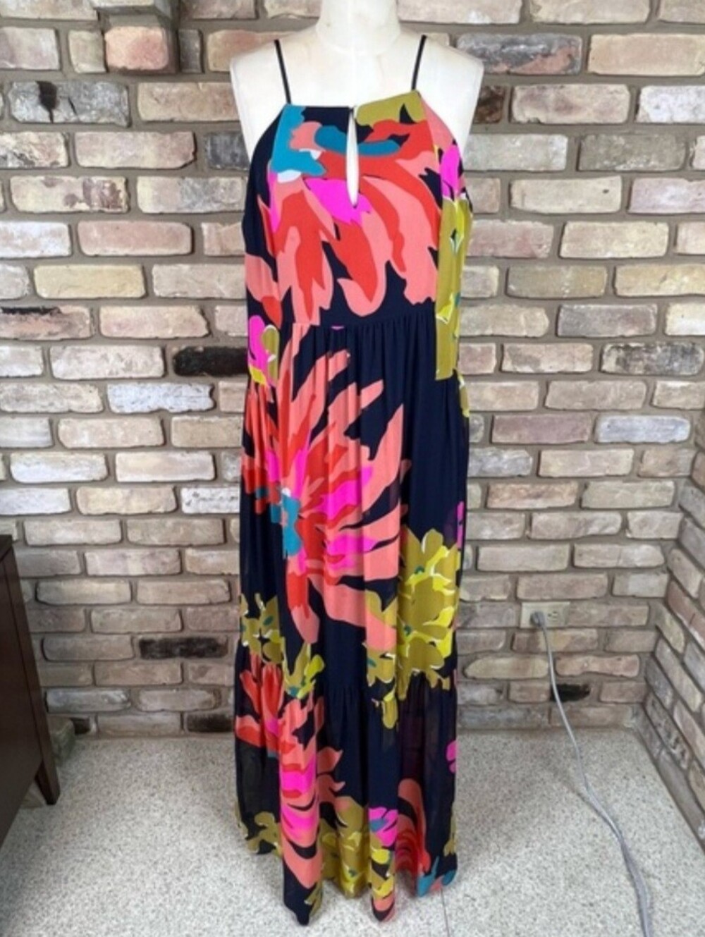TRINA TURK navy coral pink tropical print silk maxi dress - Picture 2 of 7